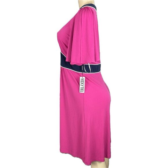 Vicky Tiel M Pink-Navy Colorblock V-Neck Zip Short Split Sleeve Below Knee Dress - Picture 3 of 6